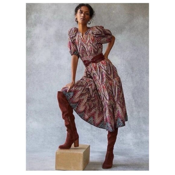 Anthropologie Conditions Apply Preppy Puff-Sleeve Geometric  Midi Dress Sz 16 - Picture 2 of 10